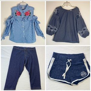 Girls 4 pc bundle 2 long sleeve shirts 1 athletic shorts 1 Capri jegging size 10